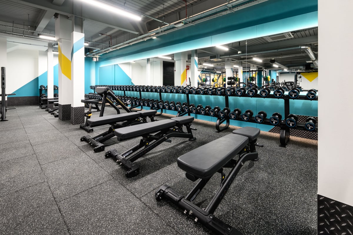 PureGym London Kentish Town dumbbells, benches and large mirror