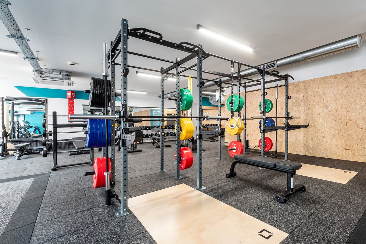 PureGym London Welling: Squat racks, weight plates in multiple colours, rubberized floors, and rig system with pull-up bars.