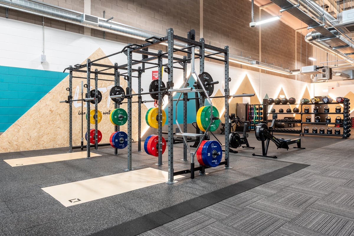PureGym Shepton Mallet: Weightlifting rig, colourful Olympic weight plates, rubberized gym flooring.