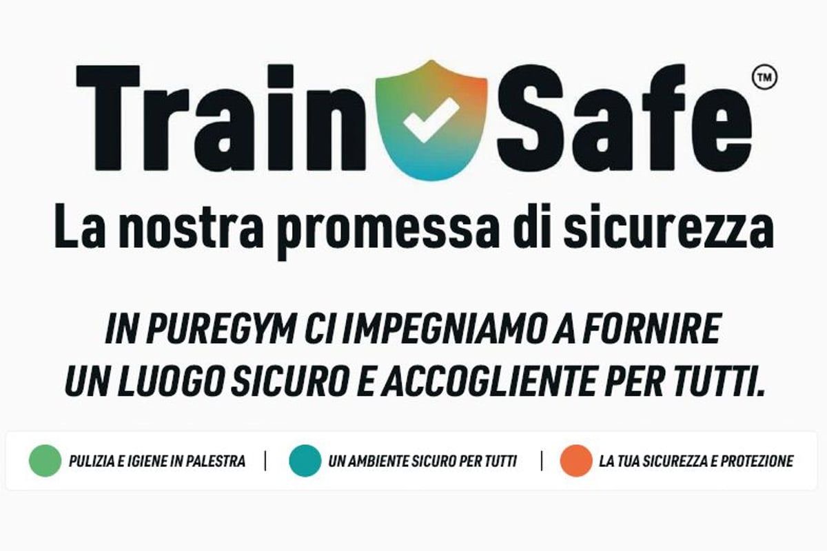 Logo Train Safe con il messaggio di impegno di sicurezza di PureGym e tre pilastri di sicurezza visualizzati su sfondo bianco