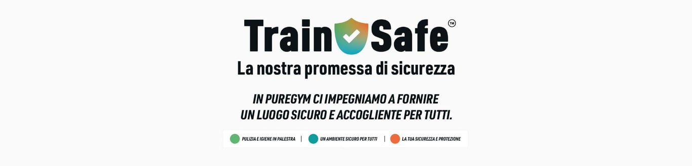 Logo Train Safe con il messaggio di impegno di sicurezza di PureGym e tre pilastri di sicurezza visualizzati su sfondo bianco