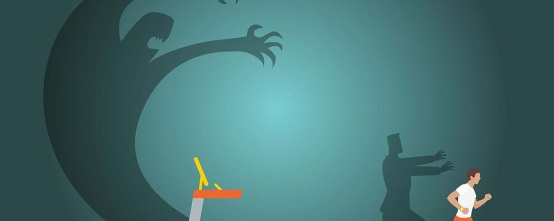 Man running away from shadow monster and shadow figure behind treadmill