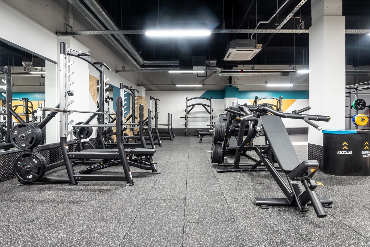 PureGym Edinburgh Ocean Terminal: Squat racks, weight lifting platforms, free weights and benches.