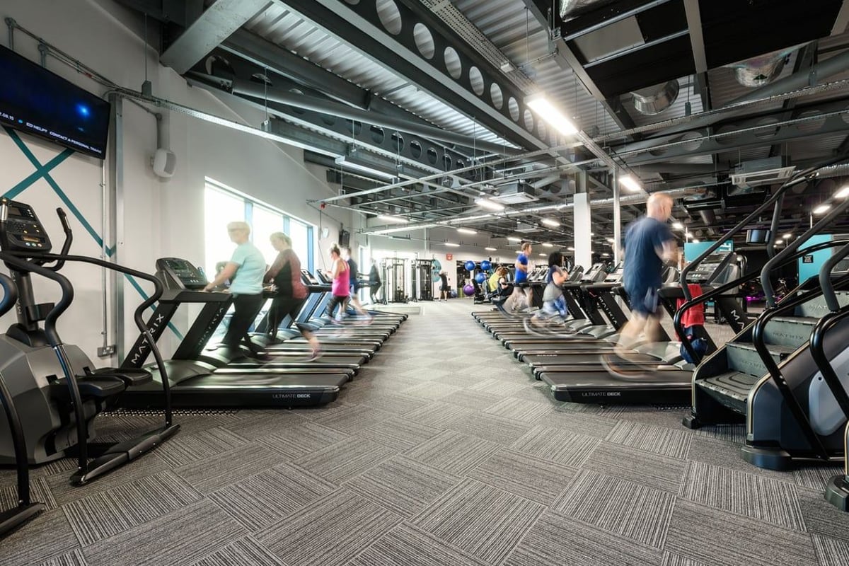 PureGym Leeds Thorpe Park: Rows of treadmills and ellipticals amidst exposed ceiling beams and ventilation.
