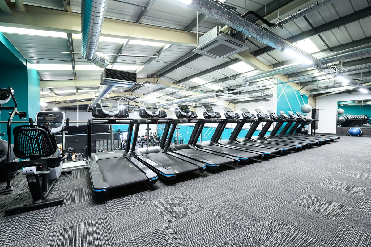 PureGym Burgess Hill: Rows of treadmills and other aerobic machines in a modern gym facility.