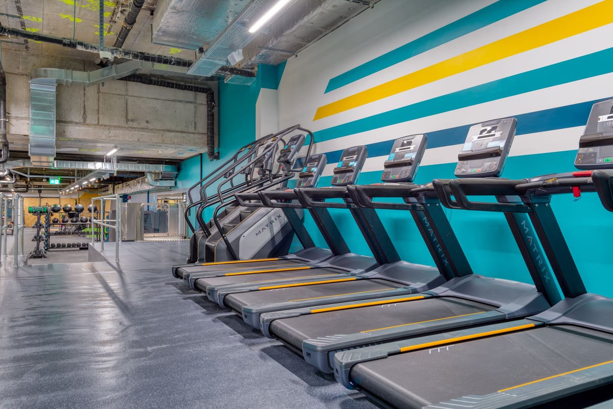Une rangée de tapis de course Matrix et un stepper dans le gym de Schaffhouse