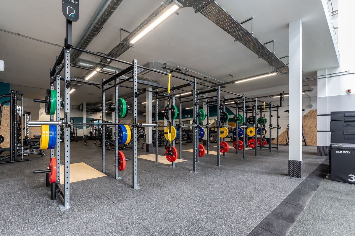 PureGym Dewsbury: Squat racks, weight plates in various colours, rubberized flooring in a gym setting.