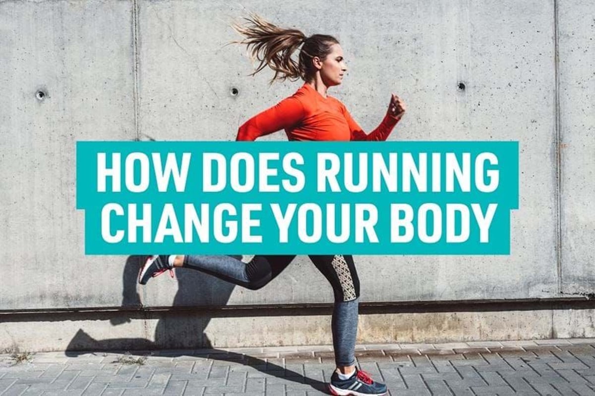 Woman in sportswear running past a concrete wall with text overlay.
