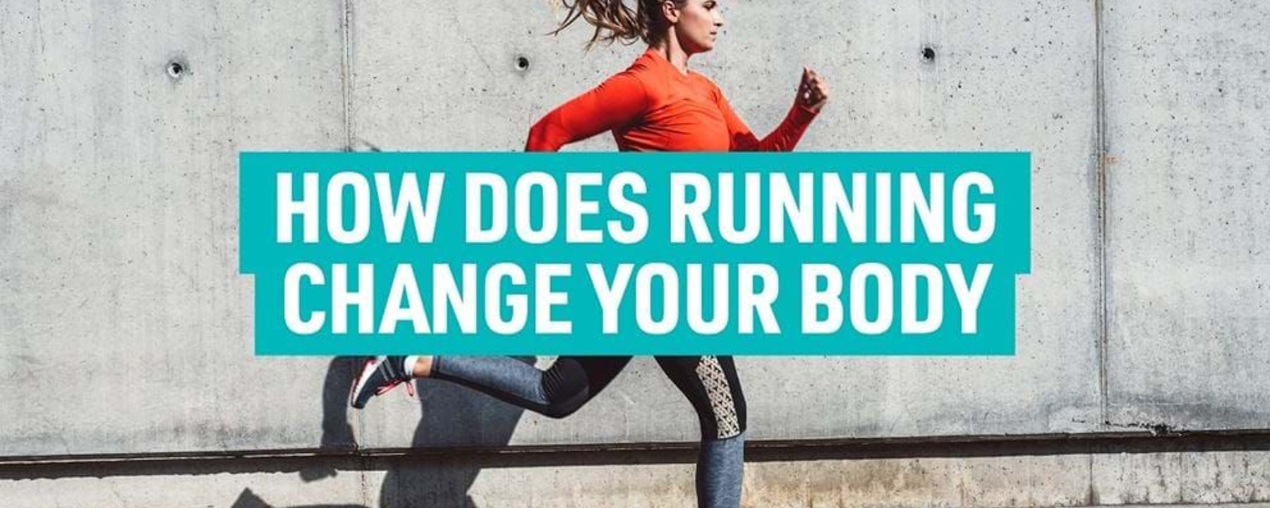 Woman in sportswear running past a concrete wall with text overlay.