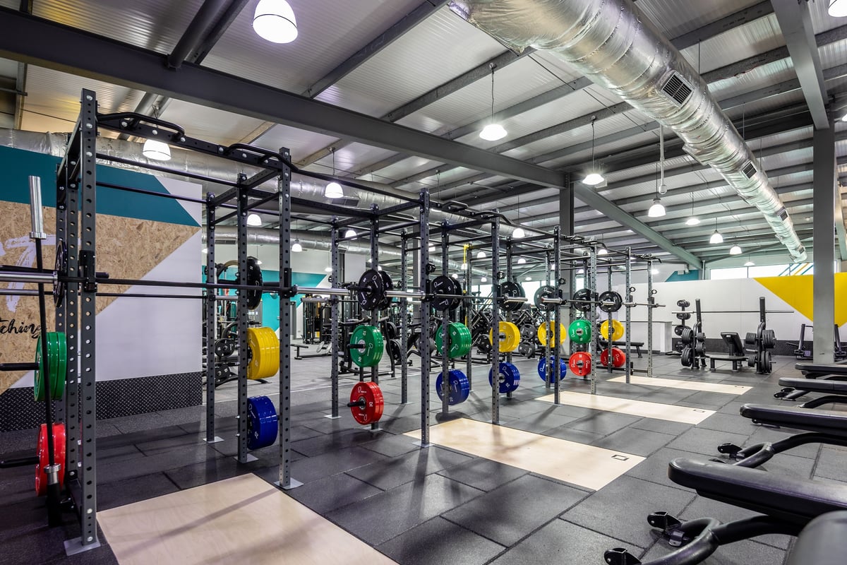 PureGym Cardiff Gate: Strength racks, free weights in vibrant colours, wall rigs, rubberized floor tiles.