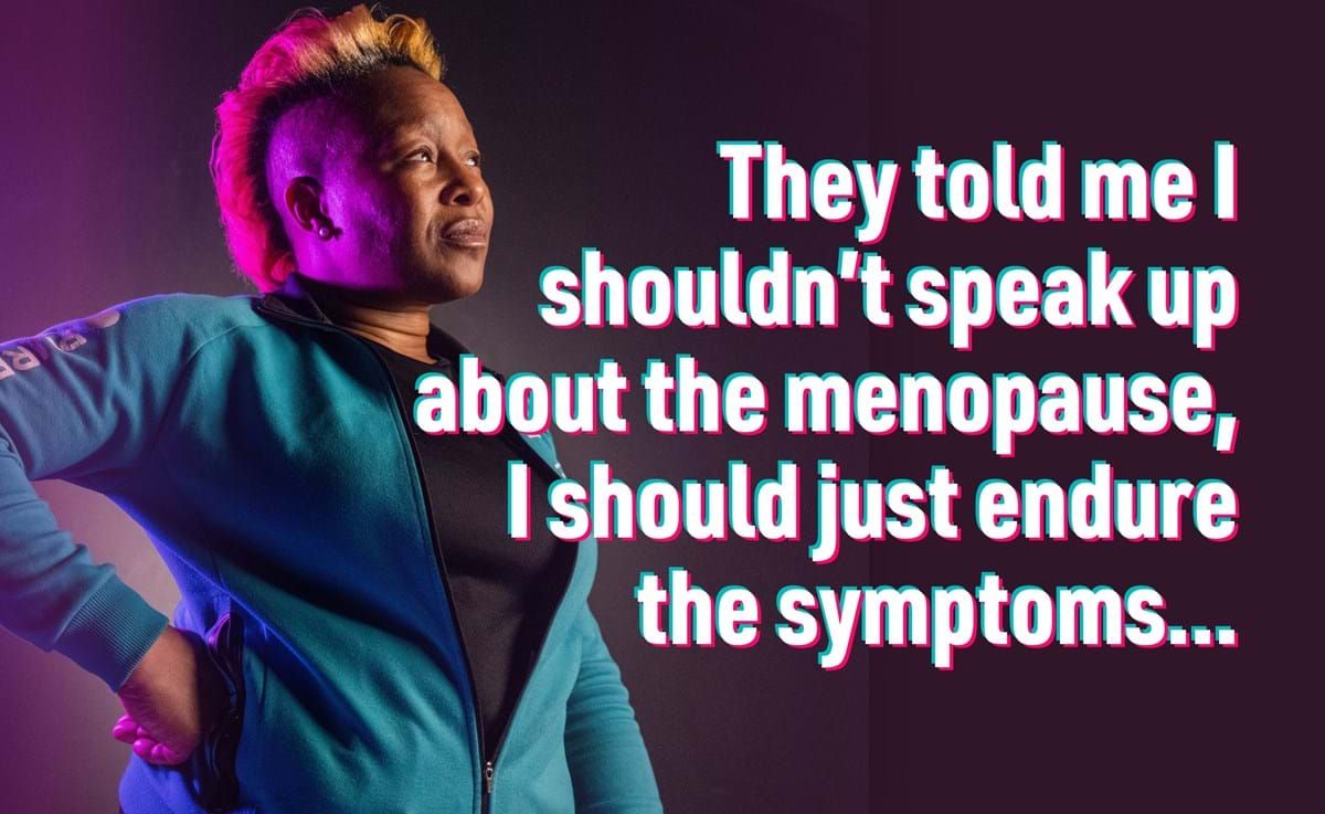 Woman with pink mohawk and blue jacket looking determined with menopause quote beside her