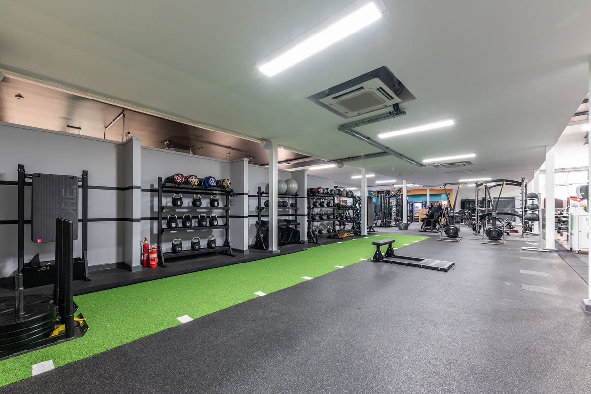 PureGym West Thurrock: Squat racks, weight plate racks, benches, green turf area, rubberized floors in a bright gym space.