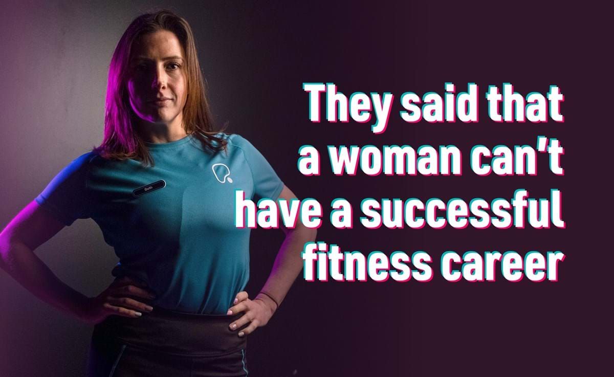 Woman in fitness uniform with hands on hips and text about a fitness career