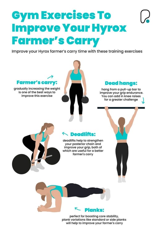 Woman in turquoise sports bra demonstrating four exercises with weights and bar