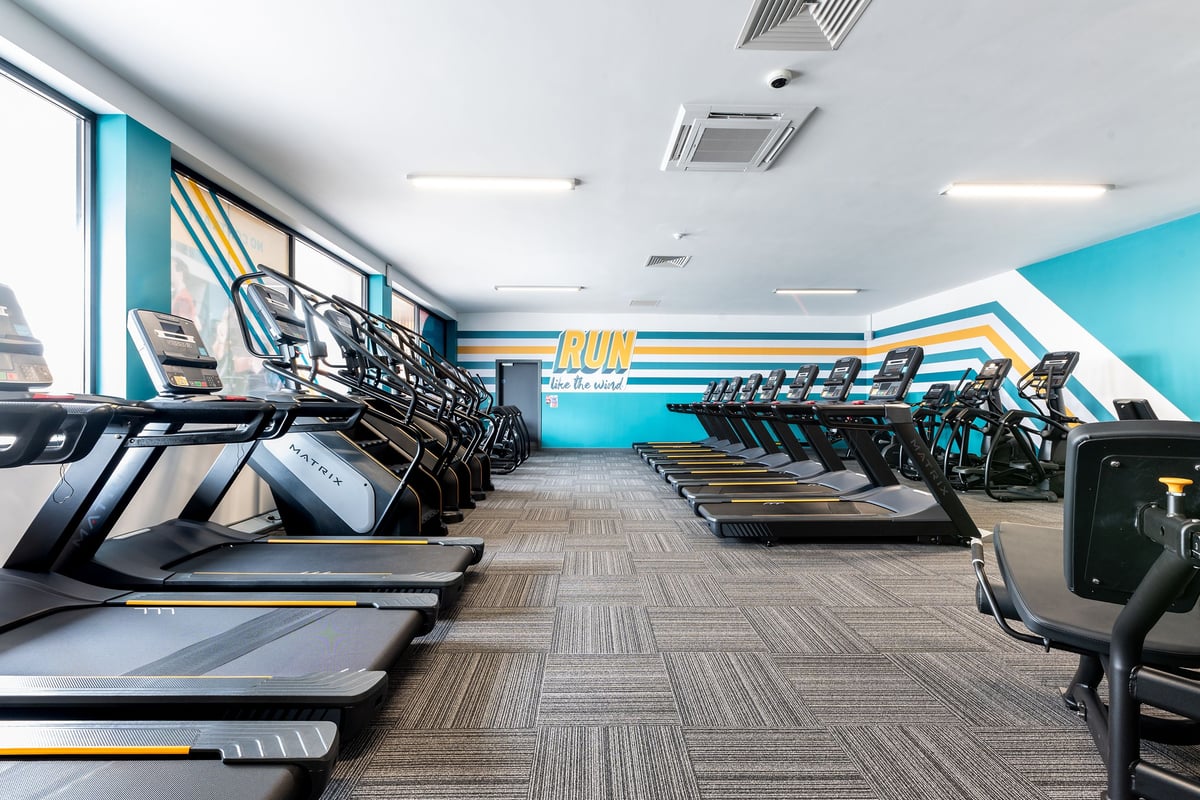 PureGym Selby: Rows of treadmills, ellipticals, and stationary bikes in a modern fitness studio.