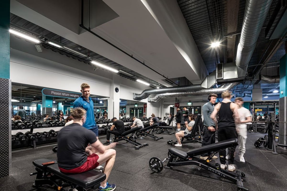 PureGym Cardiff Central: Weight benches, rowing machines, weight racks, dumbbells, and people exercising in a well-lit gym.