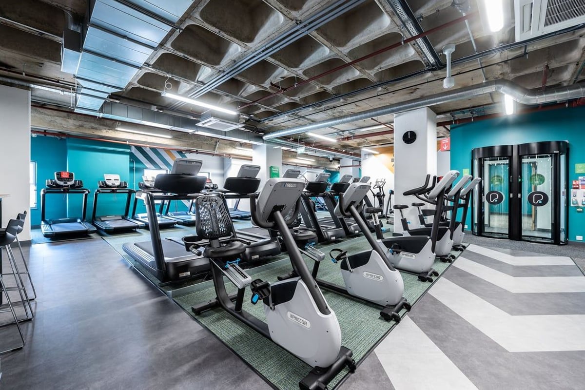 PureGym Maidstone The Mall: Rows of treadmills, exercise bikes and ellipticals under exposed ceiling beams.