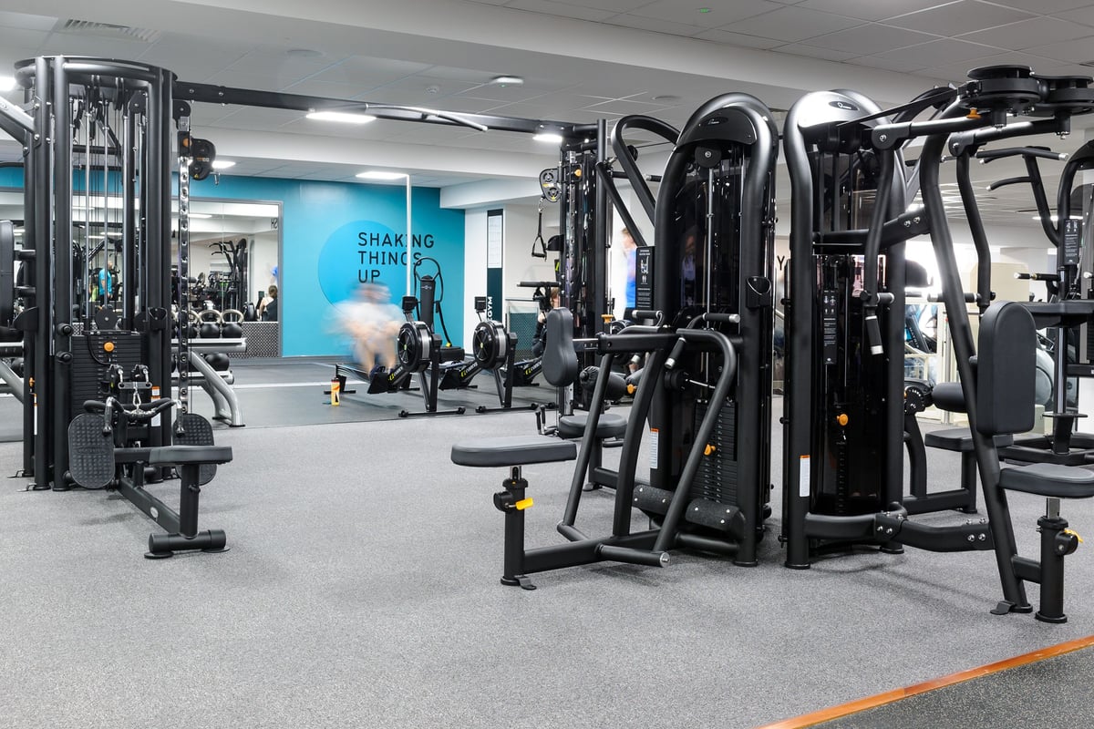 PureGym Billericay: Resistance machines, free weights, benches, and mirrored walls in a modern gym setting.