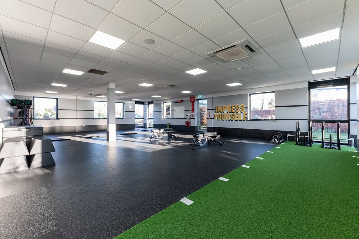 PureGym Livingston: Functional training area with green turf, weights, exercise balls and rubberized flooring.