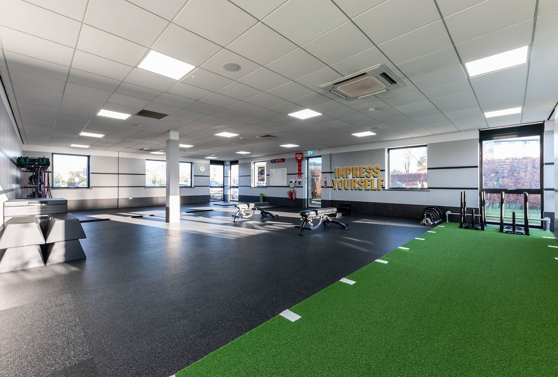 PureGym Livingston: Functional training area with green turf, weights, exercise balls and rubberized flooring.