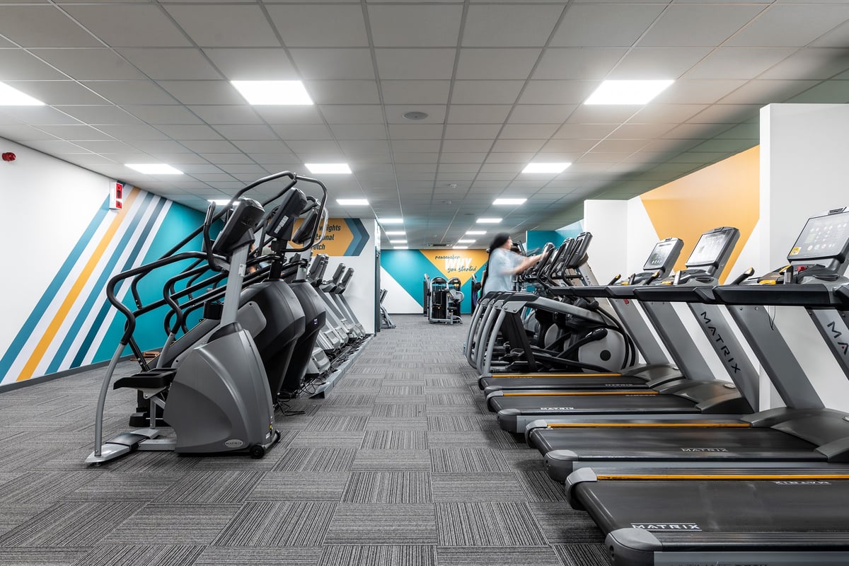 PureGym Birmingham Beaufort Park: Rows of treadmills and ellipticals in a brightly lit gym space with colourful accent walls.