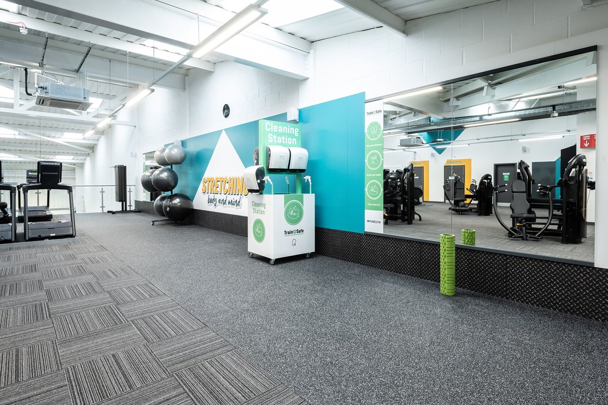 PureGym Yeovil Houndstone Retail Park: Workout studio with exercise balls, resistance machines, weights and mirrored walls.