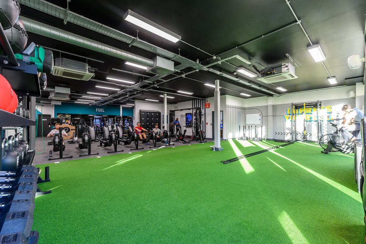 PureGym Oxford Templars Shopping Park: Green turf, resistance machines, free weights, mirrored walls in a fitness studio.