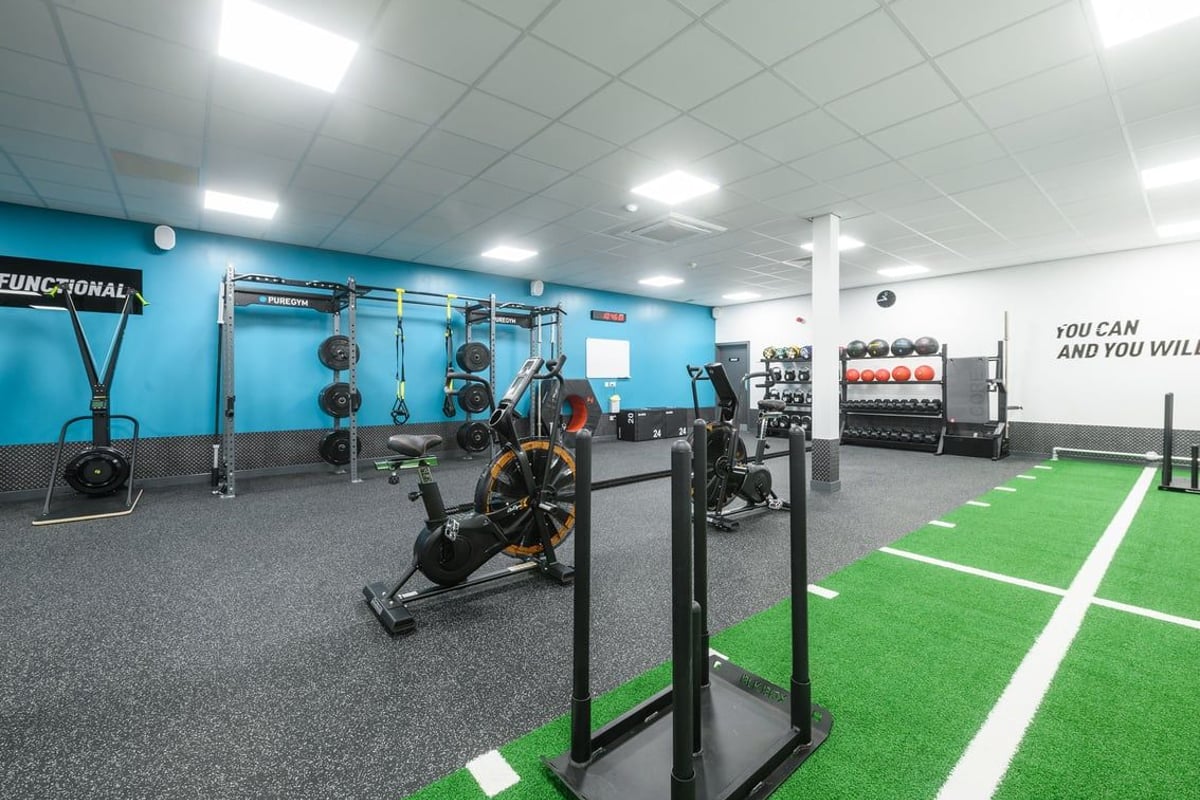PureGym Southend Fossetts Park: Functional training rig, turf area, free weights, resistance machines, motivational signage.