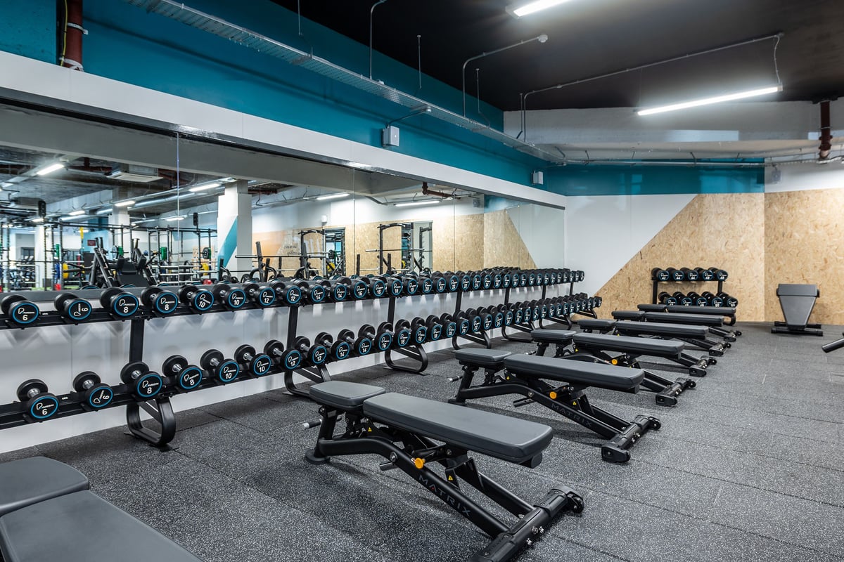 PureGym London Beckenham: Rows of weight benches, dumbbells, and weight racks on rubberized flooring under bright lights.