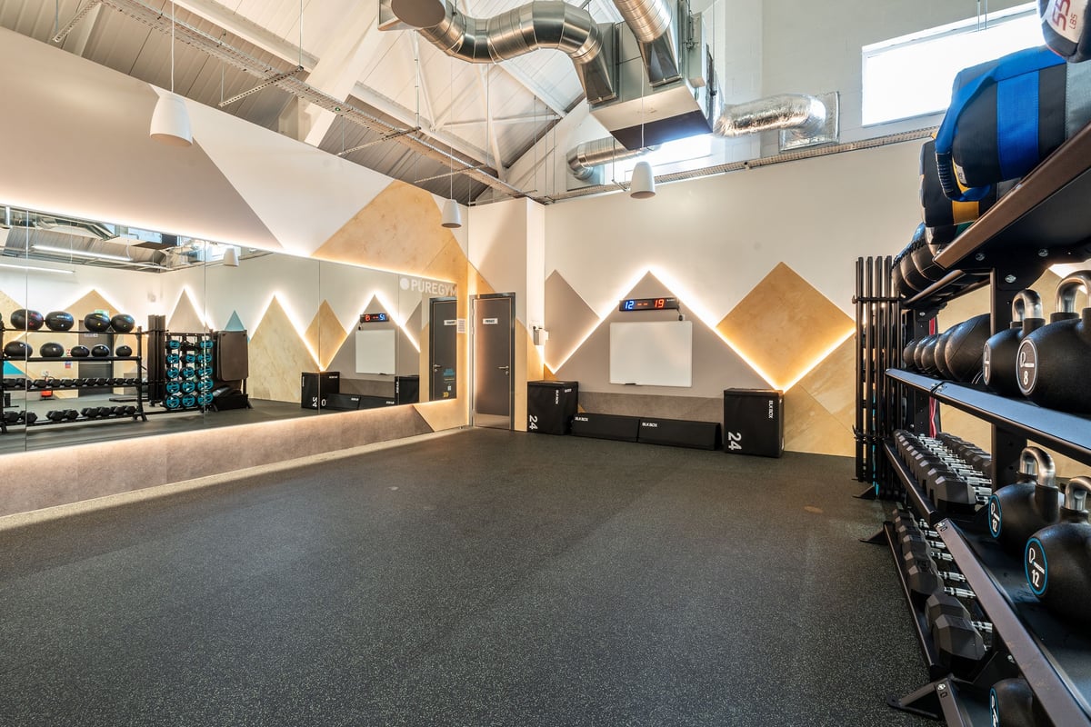 PureGym Kendal: Resistance training area with squat racks, weight plates, rubberized flooring, and geometric wall designs.
