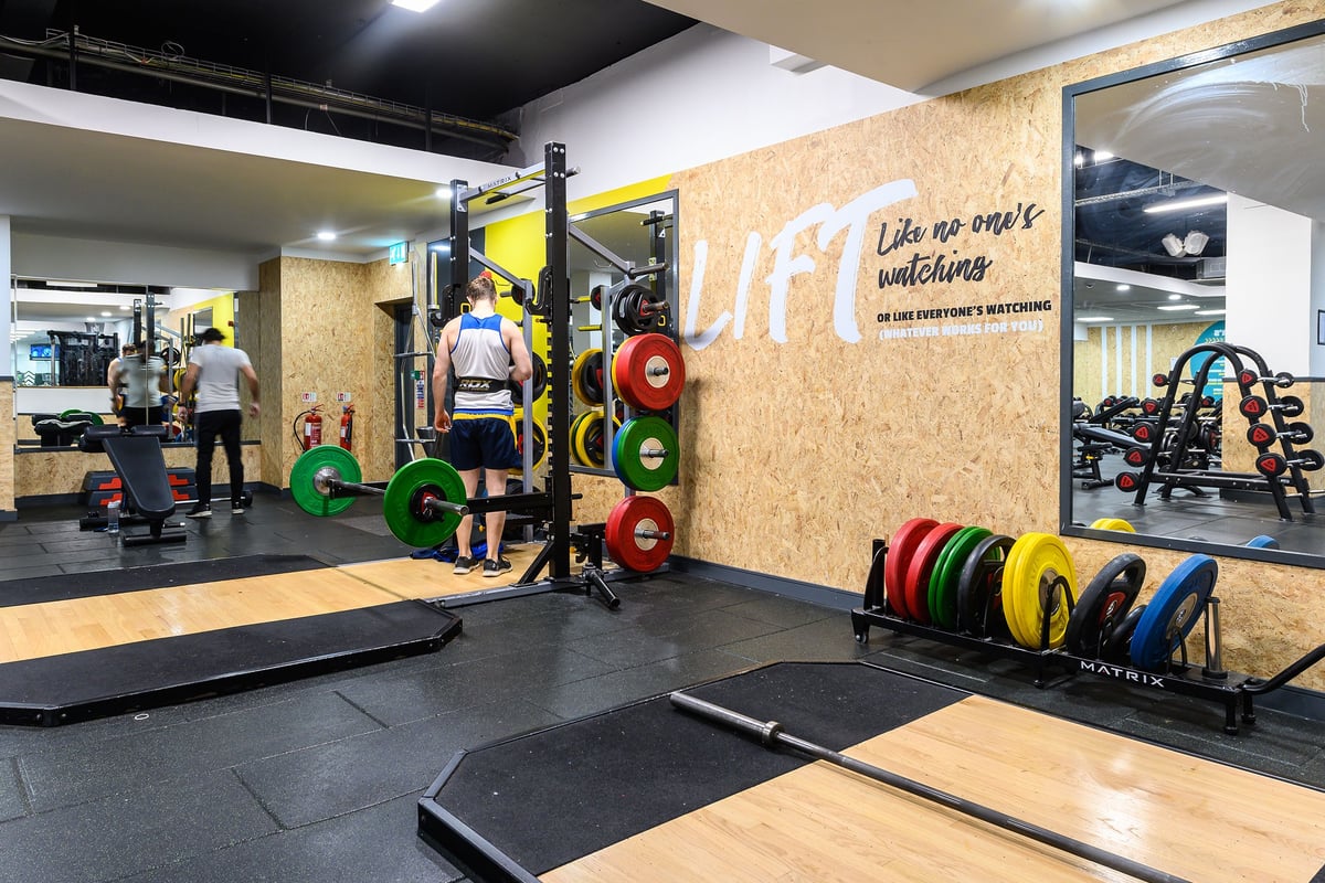 PureGym Oxford Central: Squat racks, weight plates in multiple colours, benches and rubberized flooring.