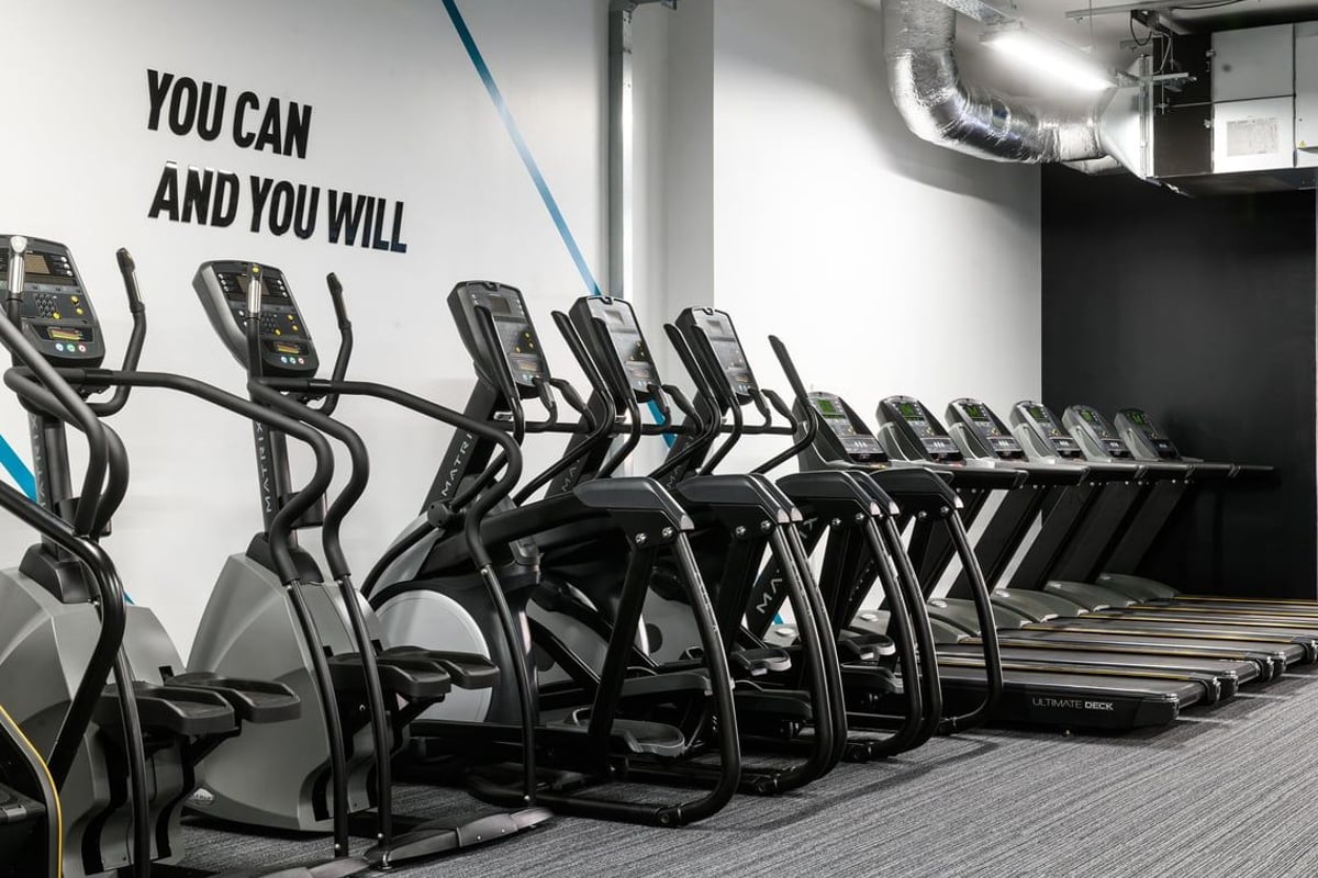 PureGym East Grinstead: Rows of elliptical trainers, treadmills, and motivational wall signage in a fitness centre.