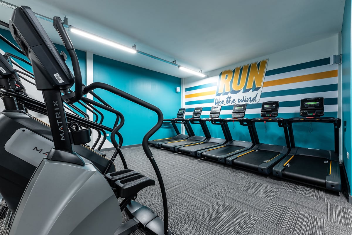 PureGym Boston: Rows of treadmills in a vibrant teal-coloured room with motivational wall text.