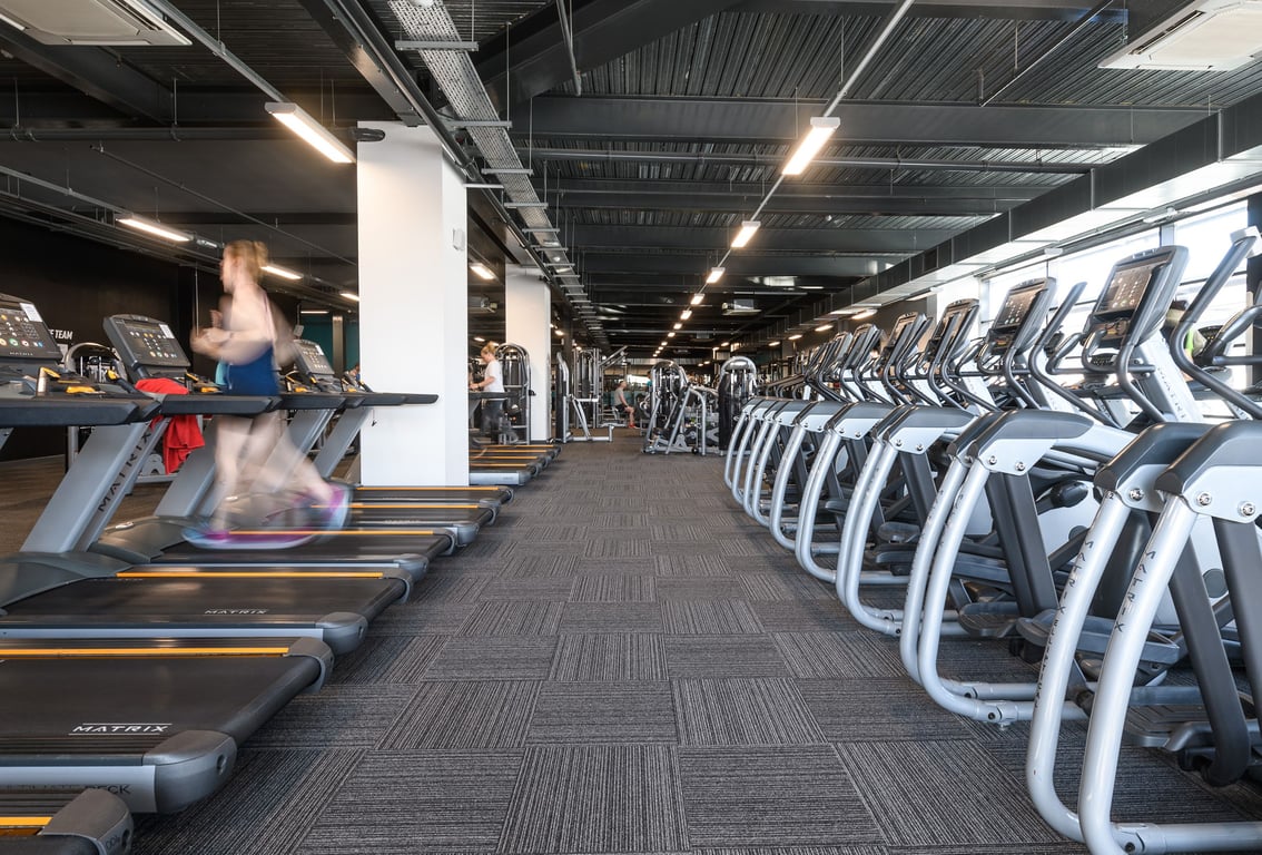 PureGym Bristol Harbourside: Rows of treadmills and ellipticals line a dimly lit gym area with exposed ceilings.
