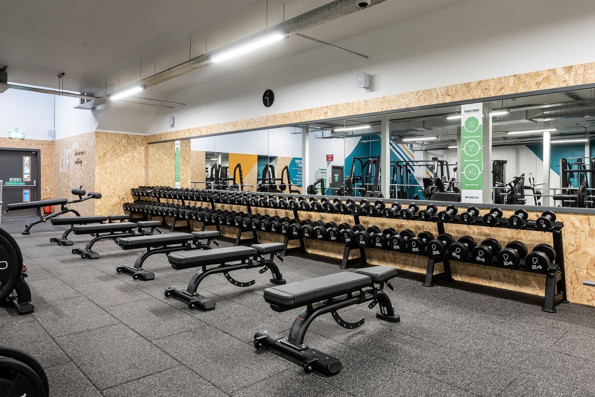 PureGym Inverness Inshes Retail Park: Rows of flat and incline bench press equipment, free weights galore.