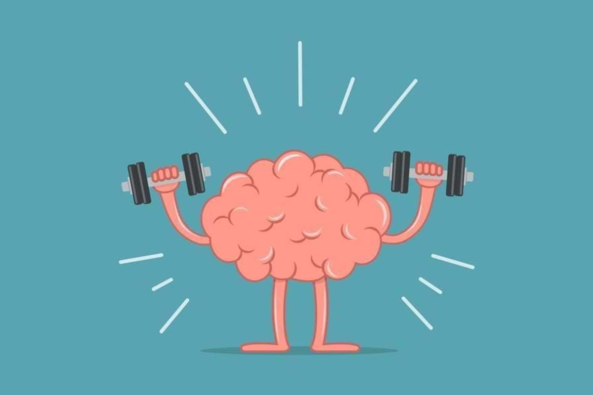 Cartoon brain with arms and legs lifting dumbbells on blue background