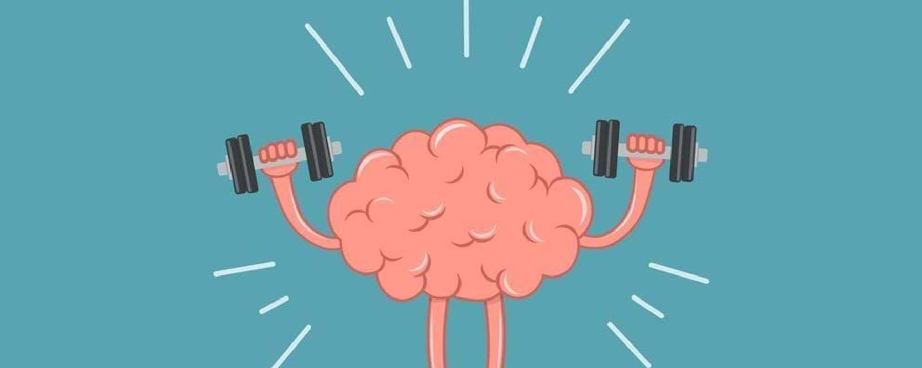 Cartoon brain with arms and legs lifting dumbbells on blue background