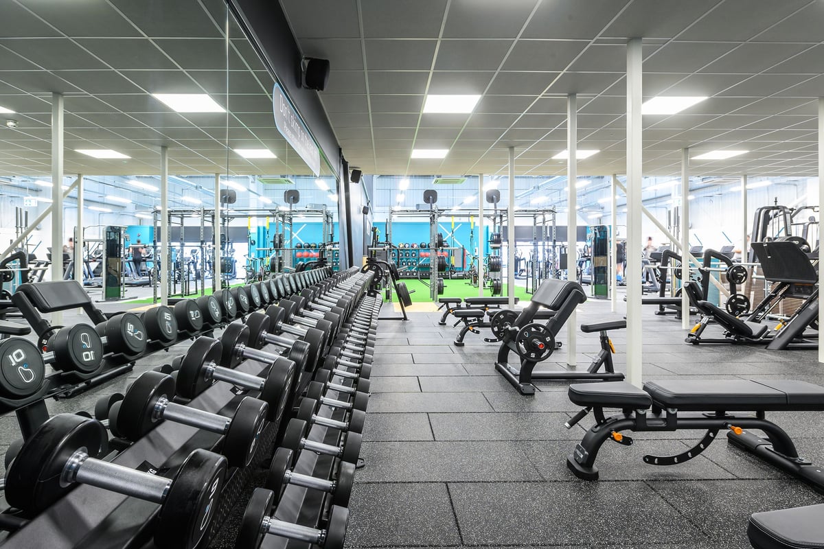 PureGym Rayleigh: Rows of weight machines, free weights, benches, and mirrored walls in a brightly lit gym.