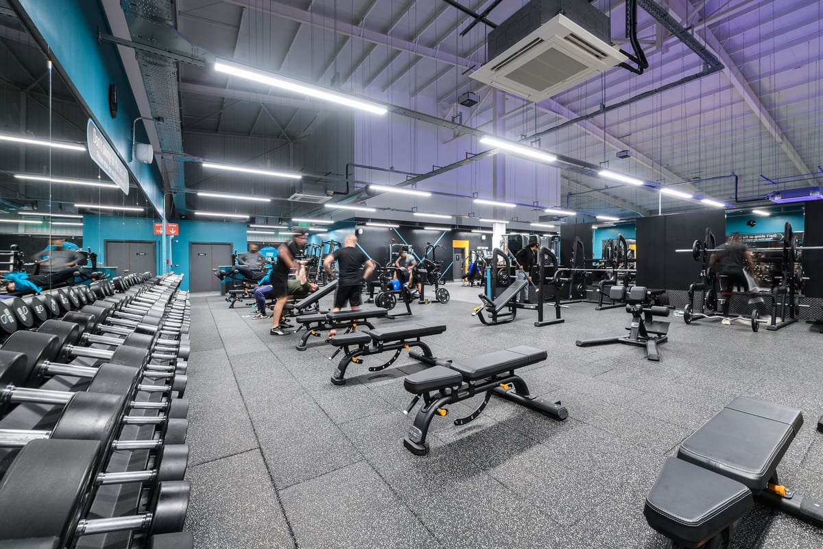 PureGym Nottingham Castle Marina: Rows of benches, squat racks, dumbbells, and weight plates on rubberized flooring.