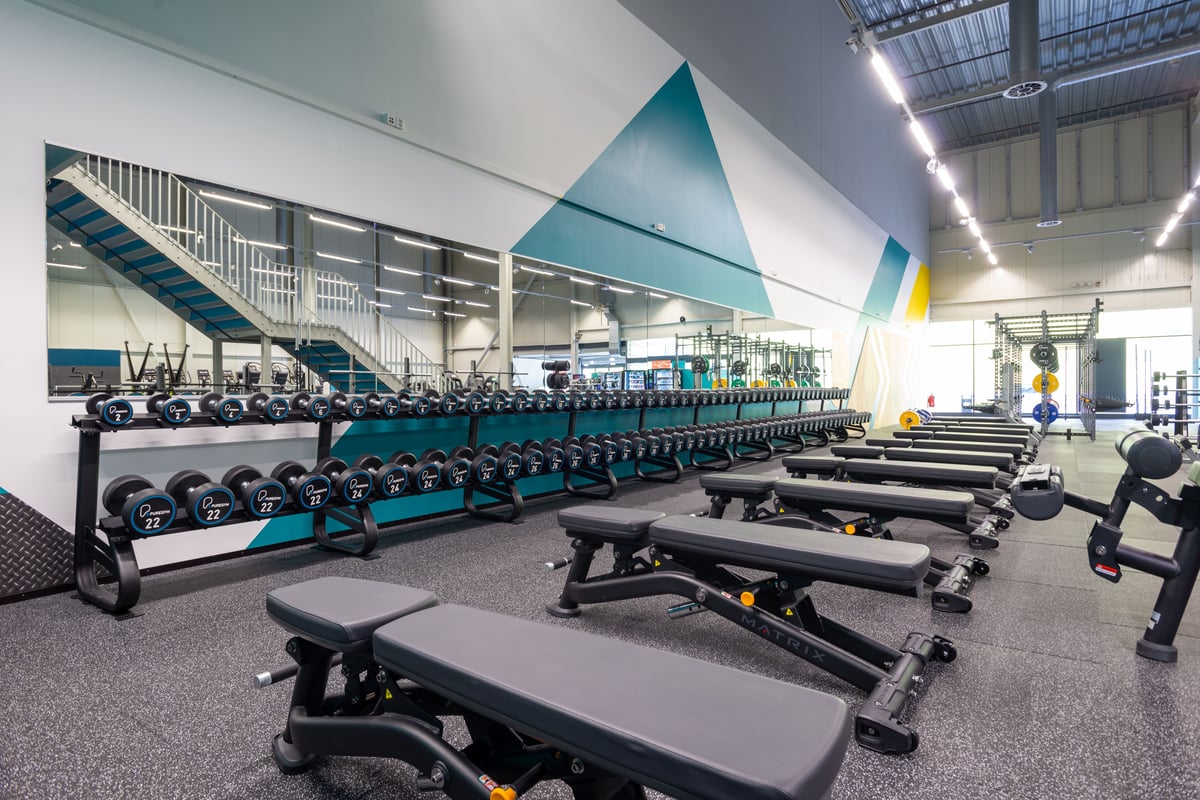 Gym Oftringen free weights area with large dumbbell rack and adjustable benches
