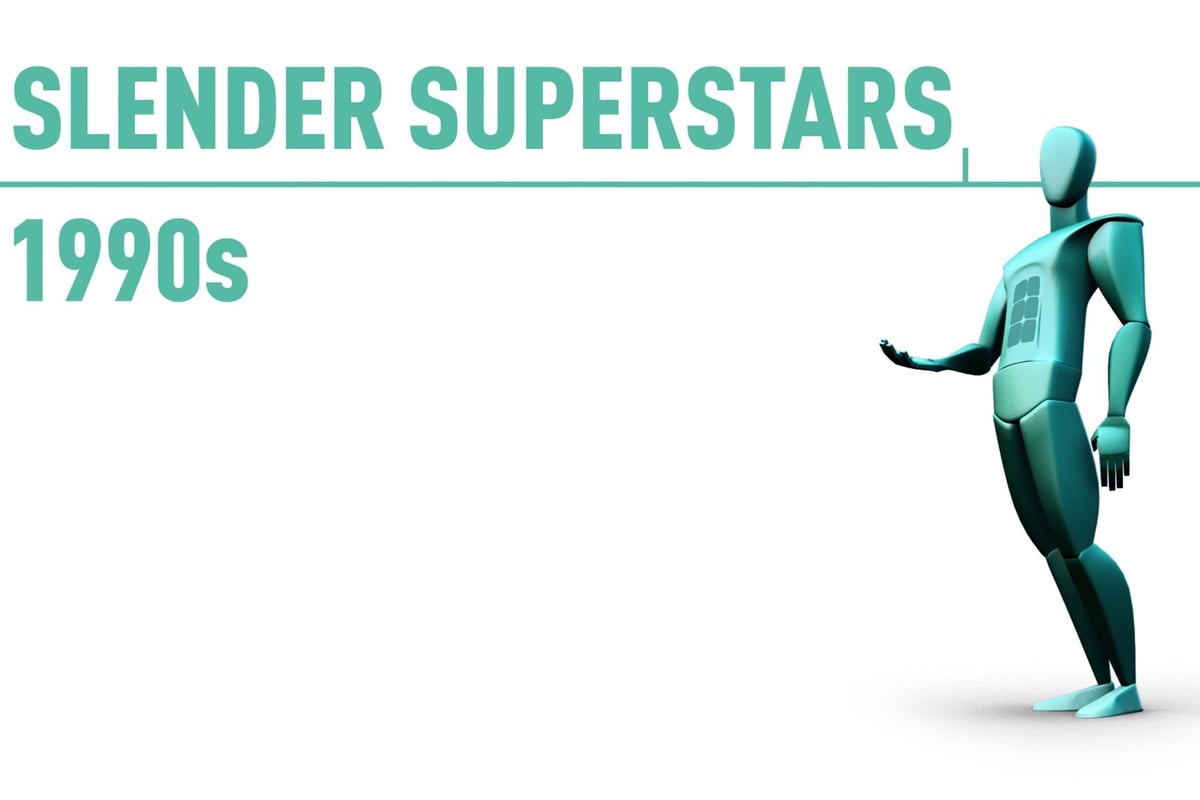 Slender teal mannequin leaning back with text Slender Superstars 1990s on white background