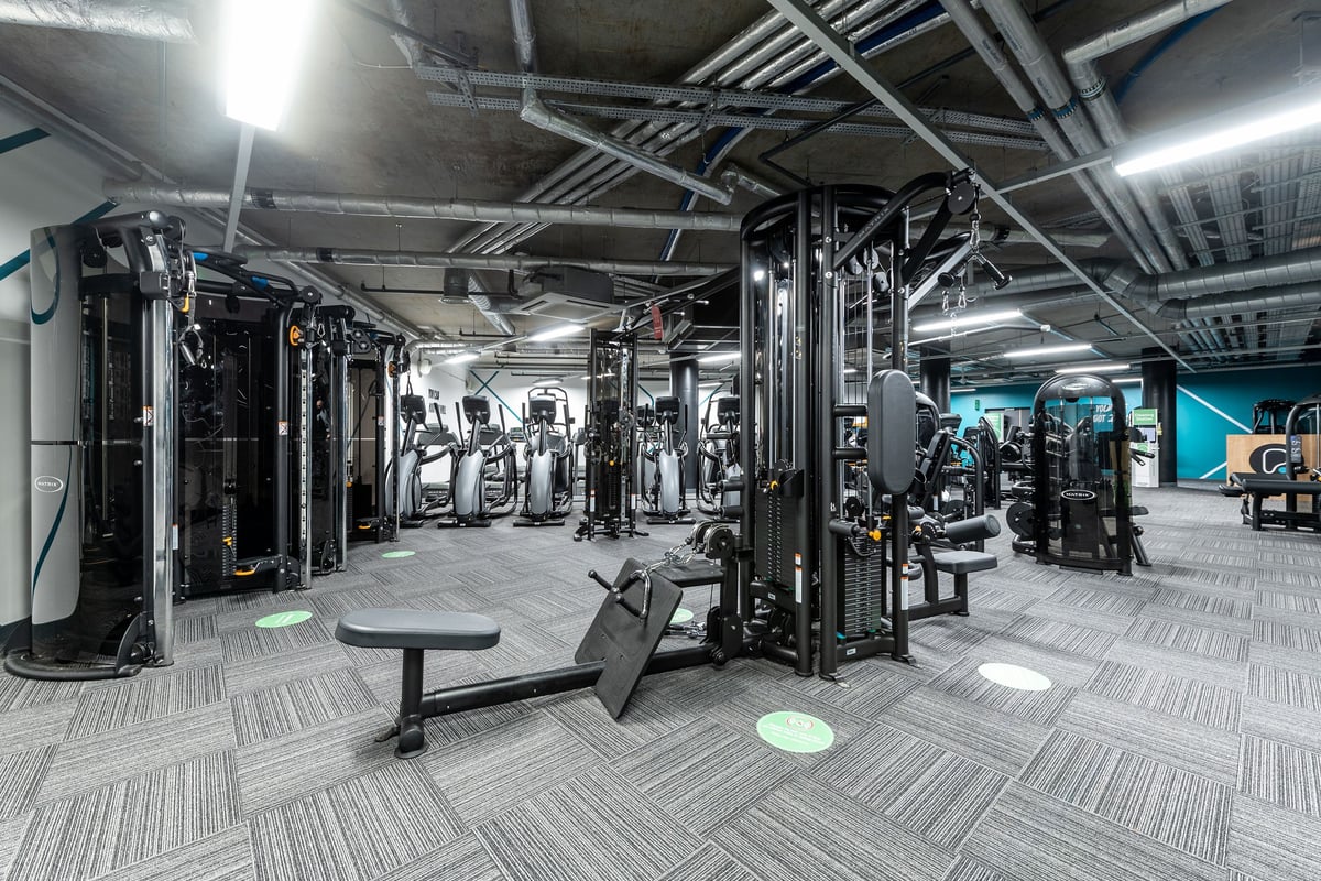 PureGym London Camberwell New Road: Weights machines, benches, mirrors, and rubberized flooring in a dimly lit gym interior.