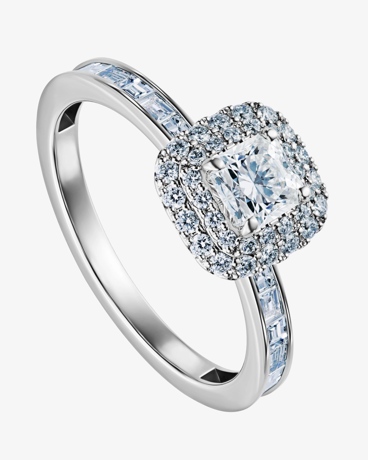 Pierścionek zaręczynowy Double Halo D'Amour z diamentem o profilu szyny i korony 0.5 ct - białe złoto 750