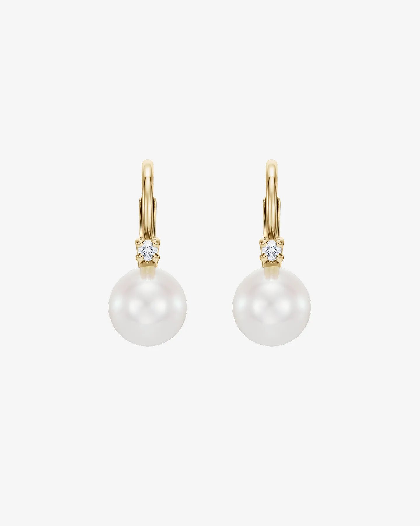 Kolczyki żółte złoto, okrągłe perły i brylanty