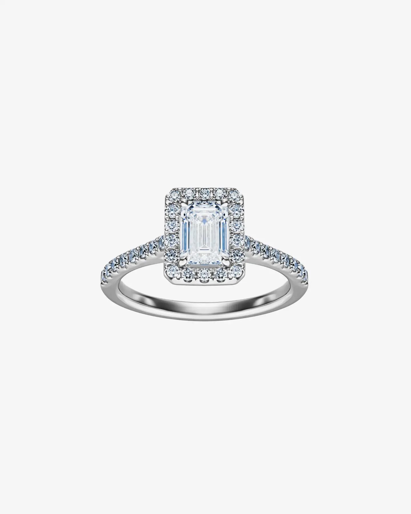 Pierścionek Allongé Halo D'Amour z diamentem 1 ct w szlifie szmaragdowym - białe złoto 750