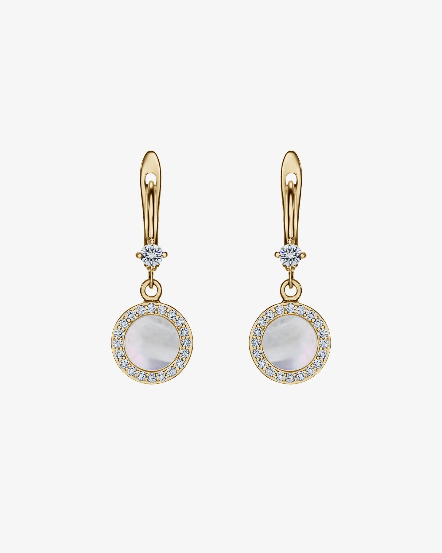 Złote kolczyki wiszące z masą perłową i brylantami