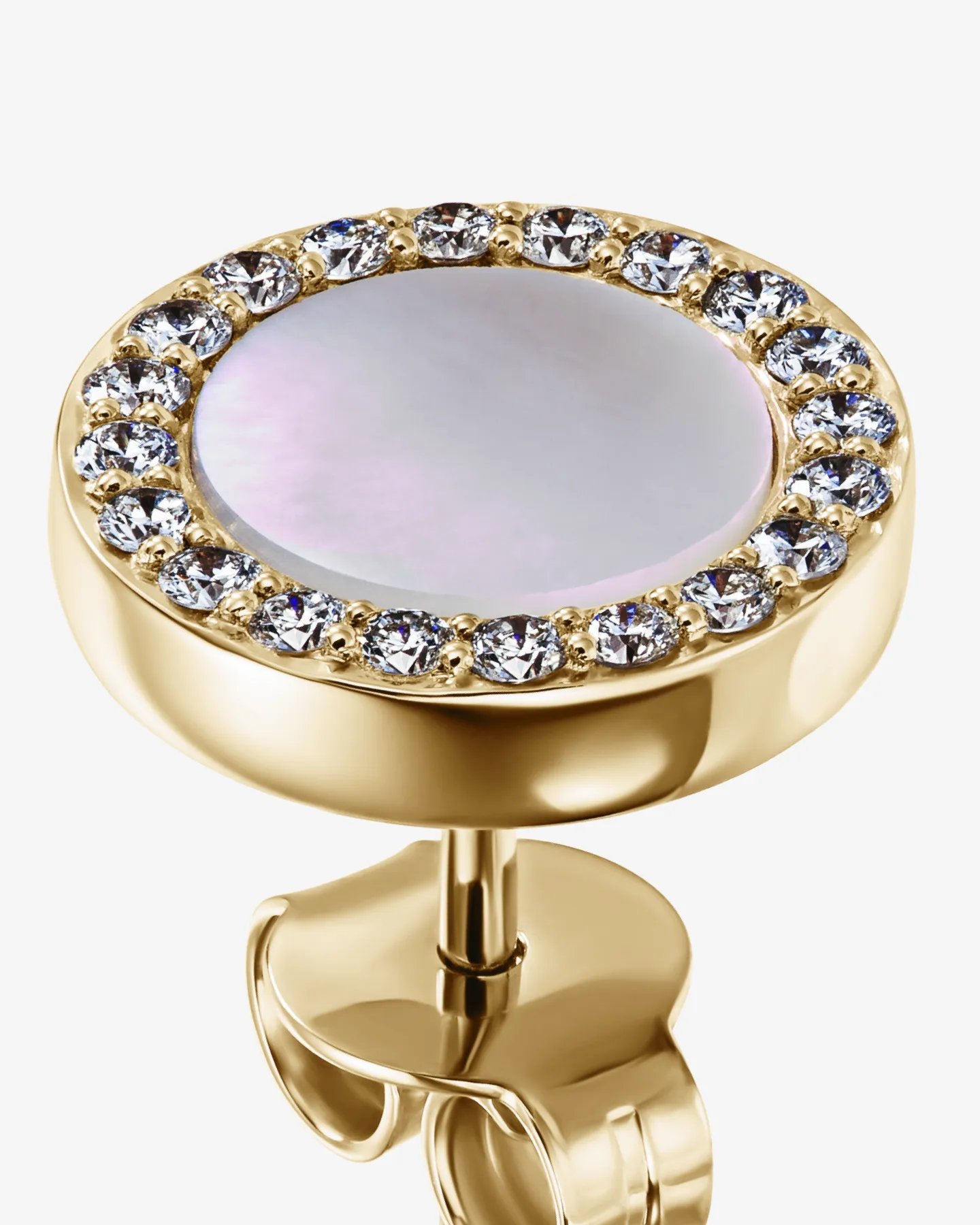 Złote kolczyki krótkie z żółtego złota, masy perłowej i brylantów