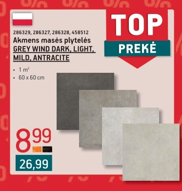 Akmens masės plytelės GREY WIND DARK, LIGHT, MILD, ANTRACITE