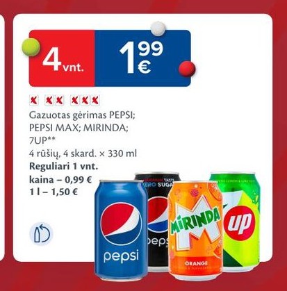 Gazuotas gėrimas PEPSI; PEPSI MAX; MIRINDA; 7UP**
