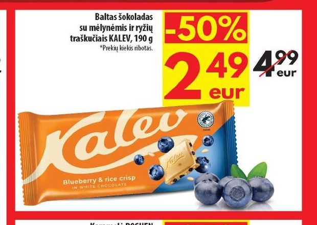 Baltas šokoladas su mėlynėmis ir ryžių traškučiais KALEV